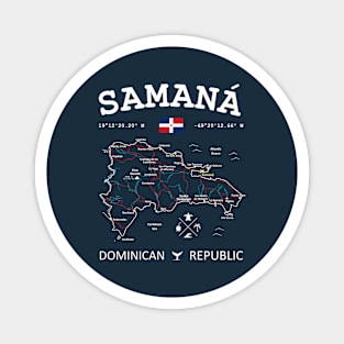 Dominican Republic Flag Travel Map Samana Coordinates Roads Rivers and Oceans White Magnet